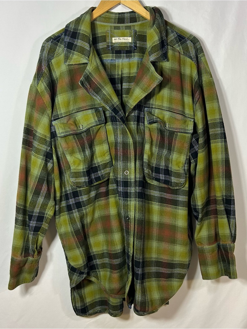 We The Free People Izzy XL Cargo Plaid Oversized Flannel Shirt Olive Green